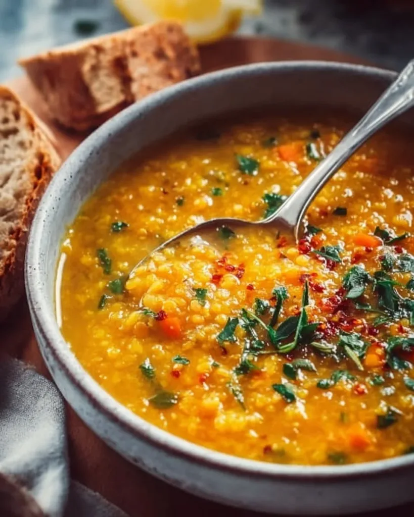 Bowl of cozy anti-inflammatory lentil soup garnished with herbs