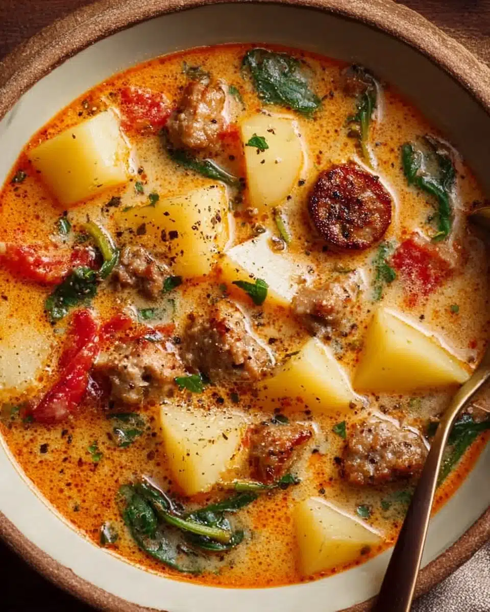 Cozy Italian sausage and potato soup in a bowl garnished with herbs