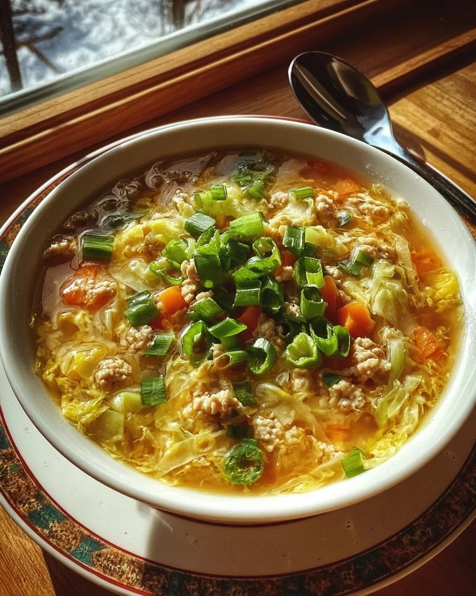 Delicious one-pot egg roll soup served in a bowl with fresh ingredients.