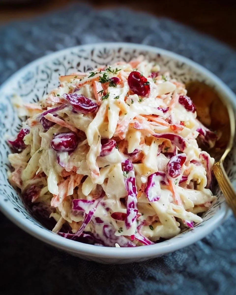 Bowl of fresh Cranberry Apple Coleslaw with vibrant colors and textures