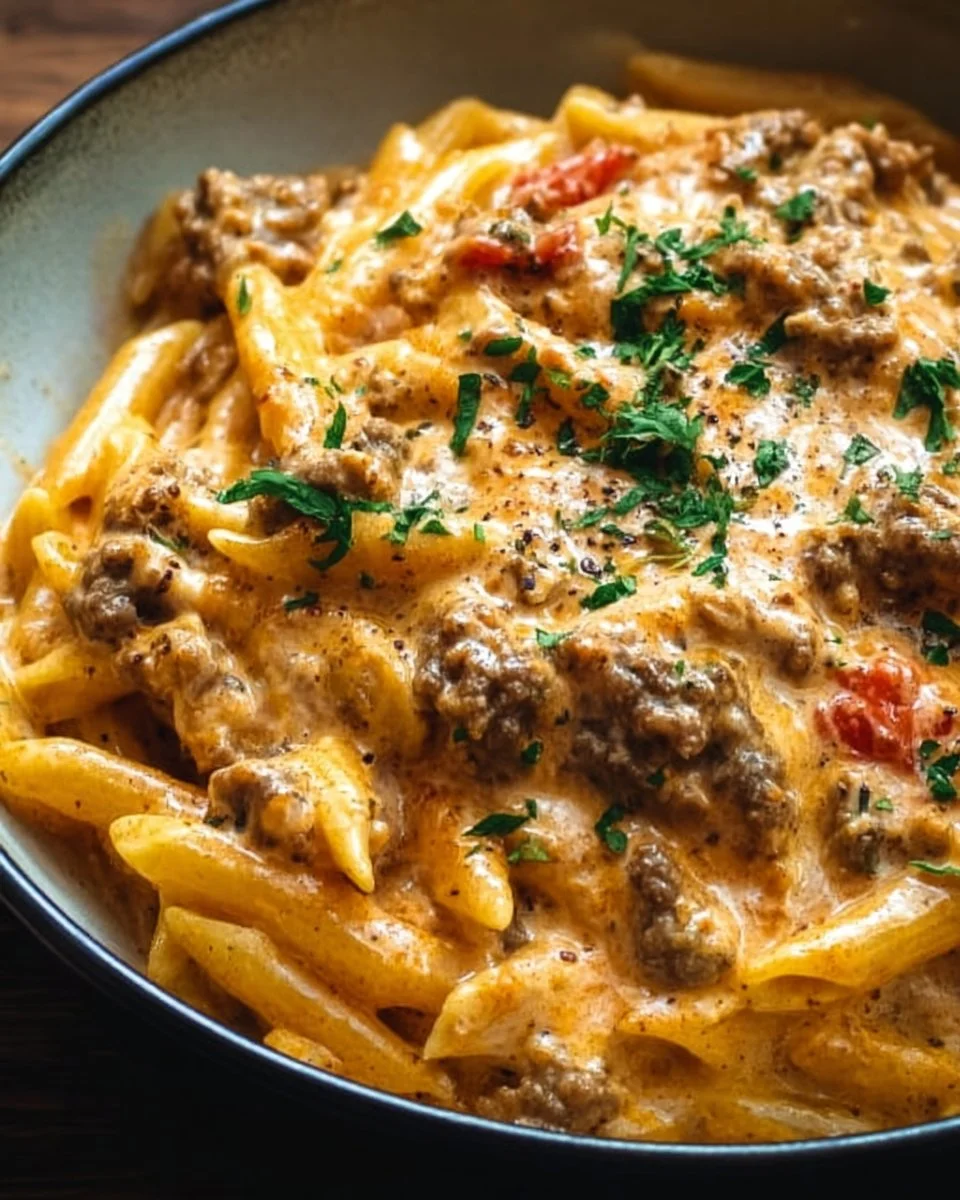 Delicious creamy beef pasta served in a bowl with herbs and cheese garnish
