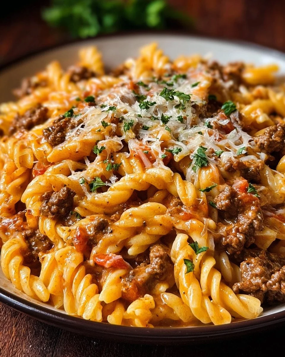 Delicious creamy beef pasta dish garnished with herbs in a bowl