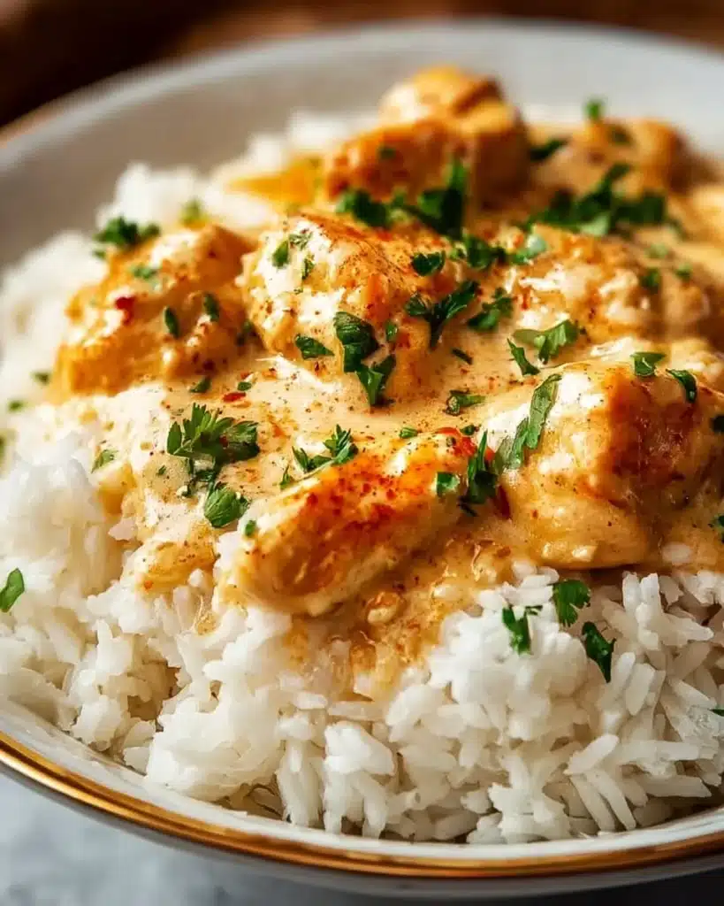 Creamy cheesy smothered chicken served over rice with herbs and spices