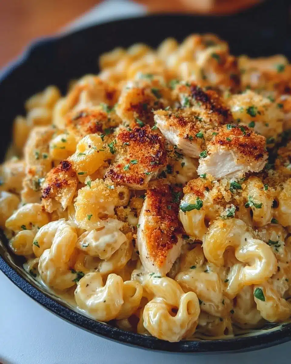 Creamy Chicken Mac and Cheese topped with herbs and served in a bowl