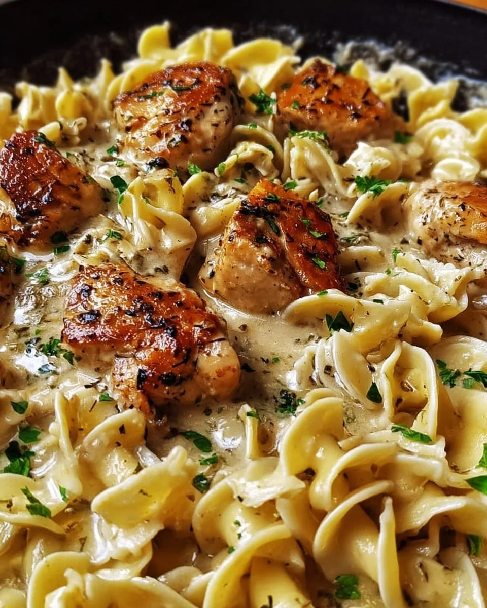 Creamy garlic butter chicken served over egg noodles