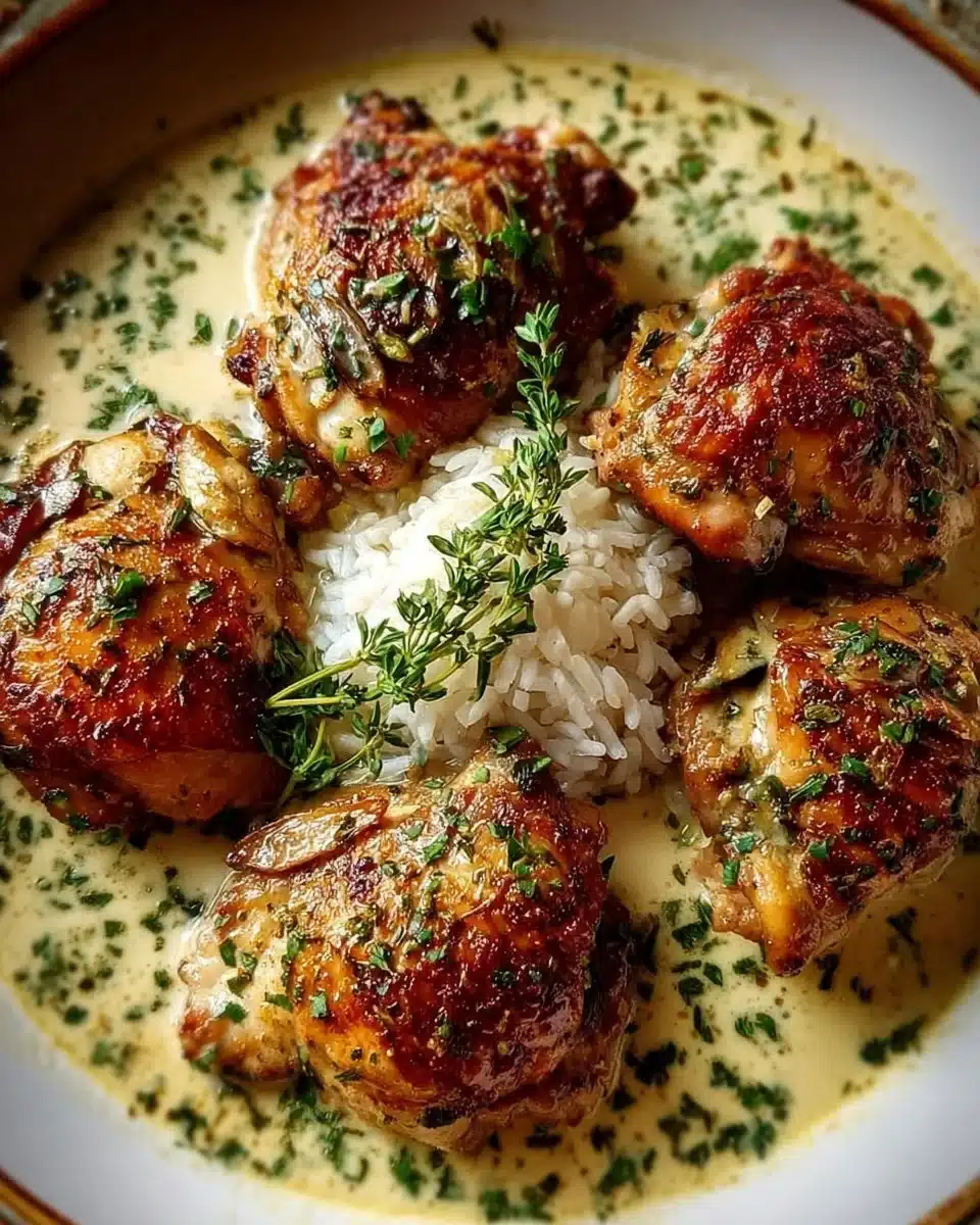 Creamy garlic chicken thighs garnished with herbs on a plate