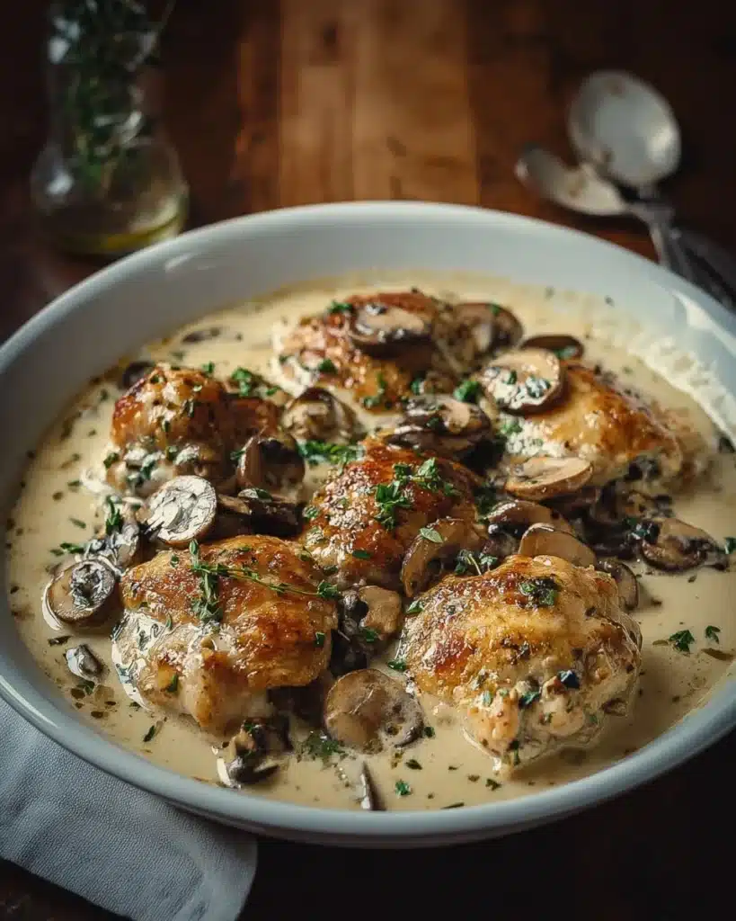 Creamy garlic mushroom chicken thighs served with herbs and spices