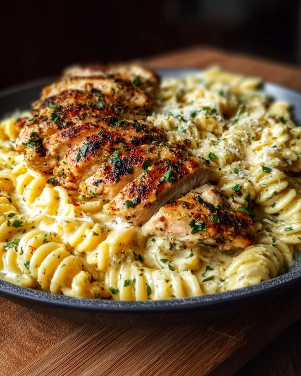 Creamy Garlic Parmesan Chicken Pasta with herbs and cheese on a plate