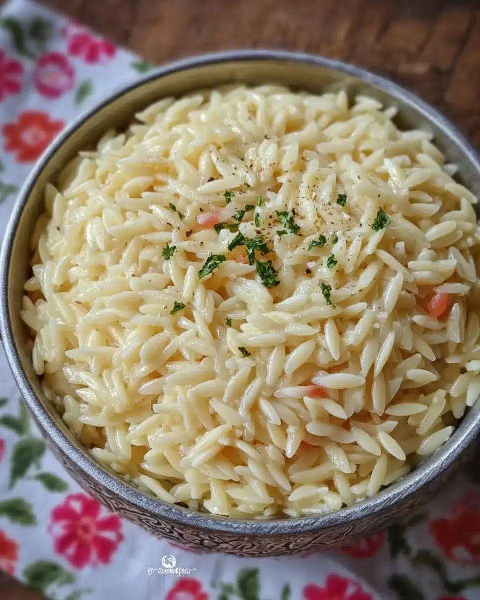 Creamy Garlic Parmesan Orzo in a bowl, garnished with herbs.