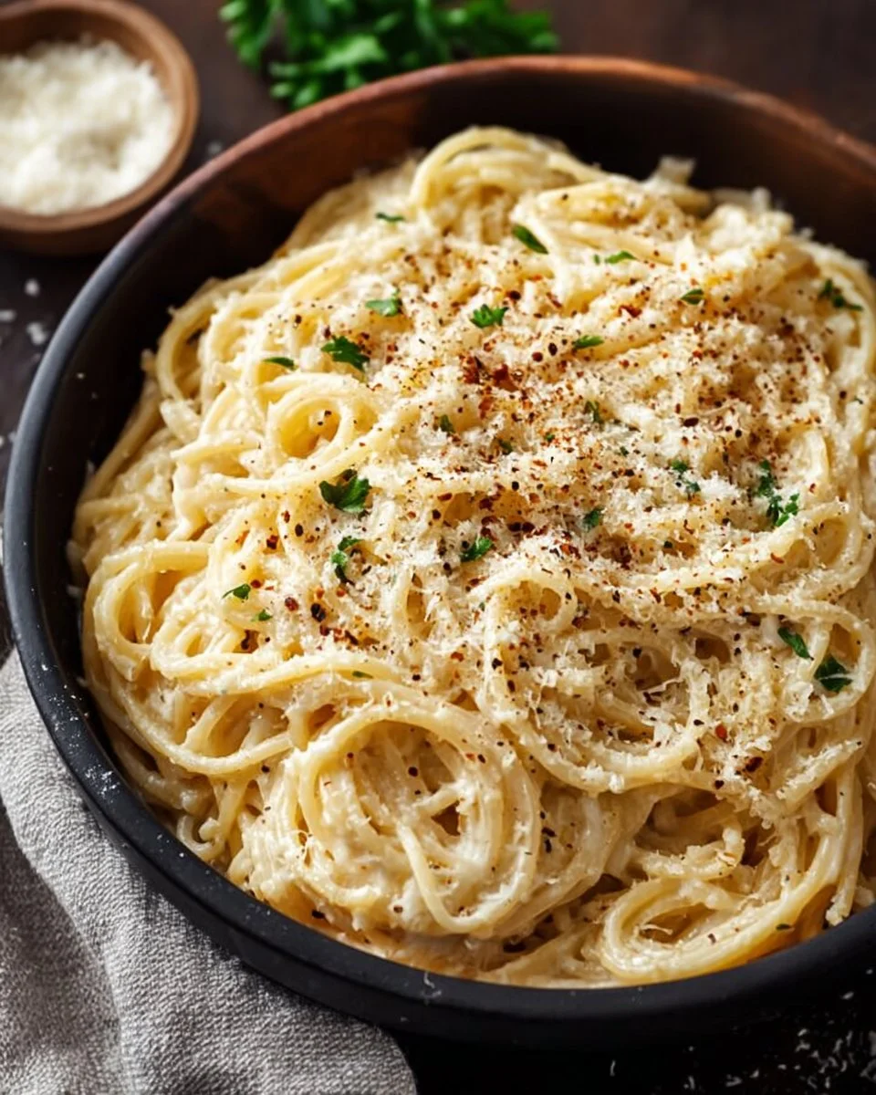 Creamy garlic parmesan spaghetti with herbs and cheese