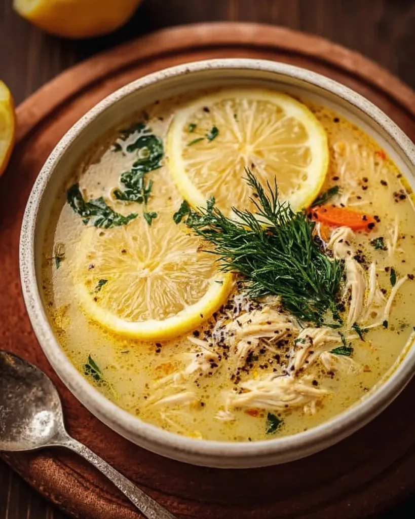 Bowl of creamy Greek lemon chicken soup garnished with fresh herbs