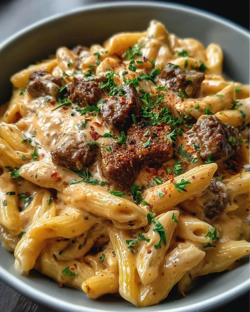 Creamy high-protein beef pasta served in a bowl with garnishes