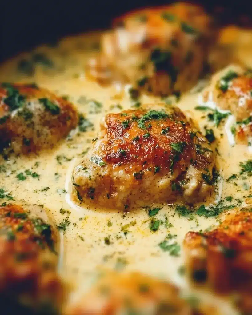 Creamy oven baked chicken thighs served on a plate with herbs.