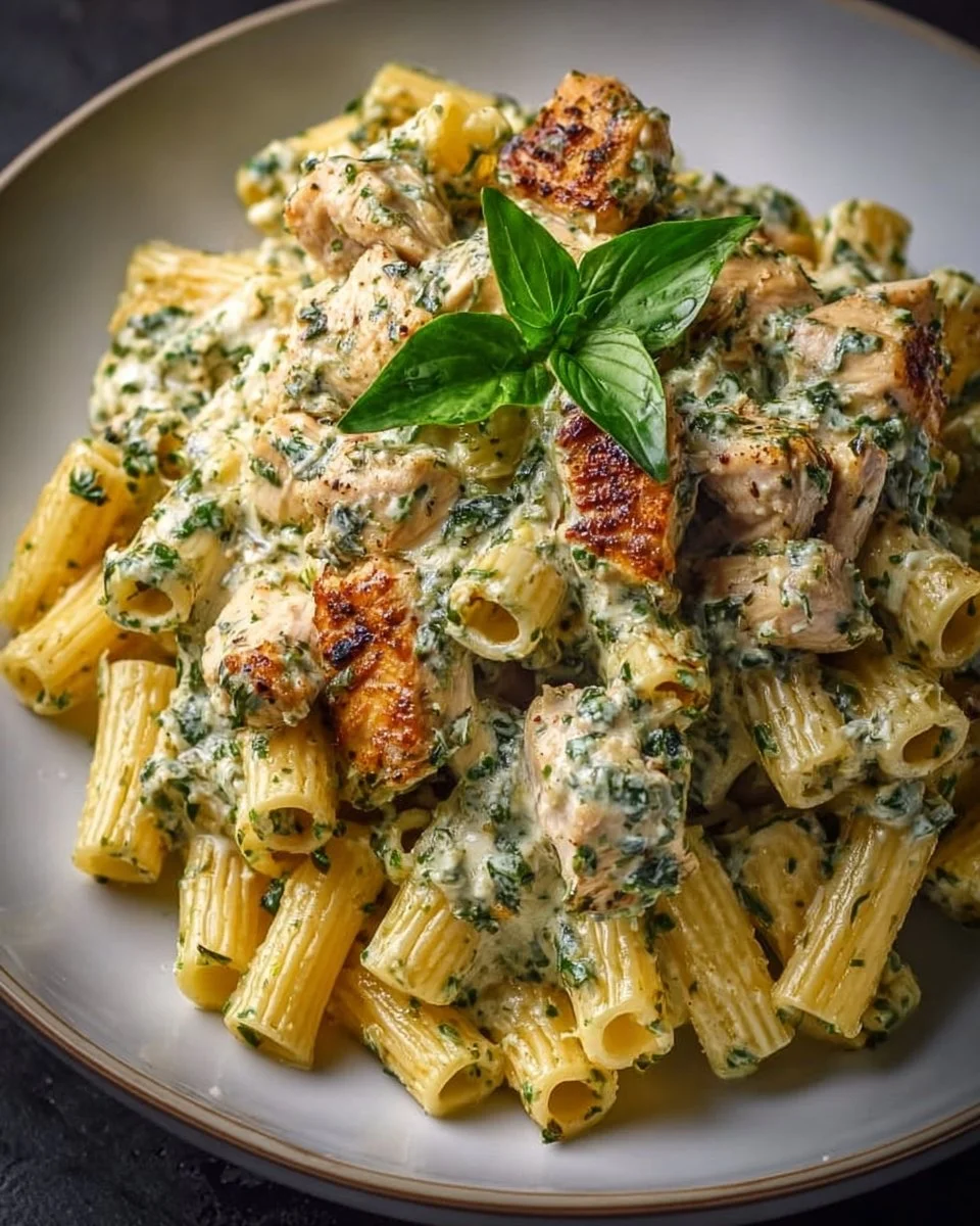 Delicious creamy pesto chicken pasta served in a bowl with fresh basil.