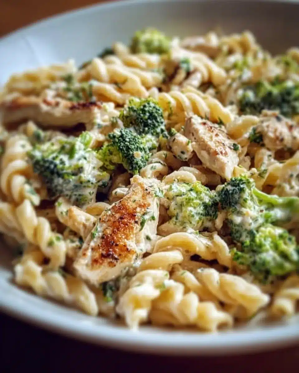 Creamy rotisserie chicken broccoli pasta dish with fresh ingredients