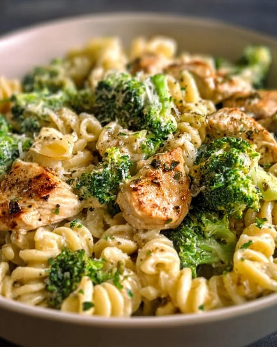 Creamy rotisserie chicken broccoli pasta dish garnished with fresh herbs