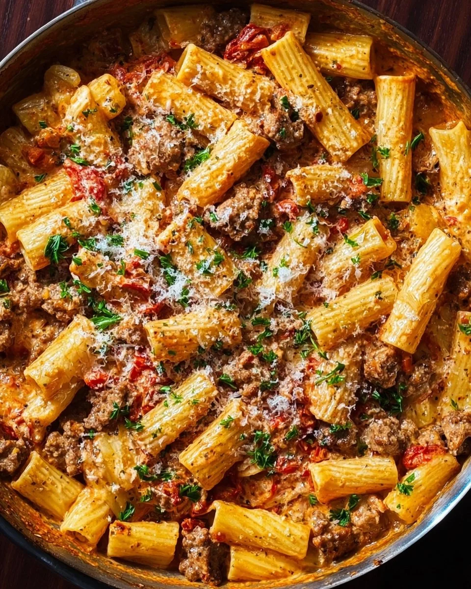 Creamy sausage rigatoni pasta dish topped with herbs and cheese