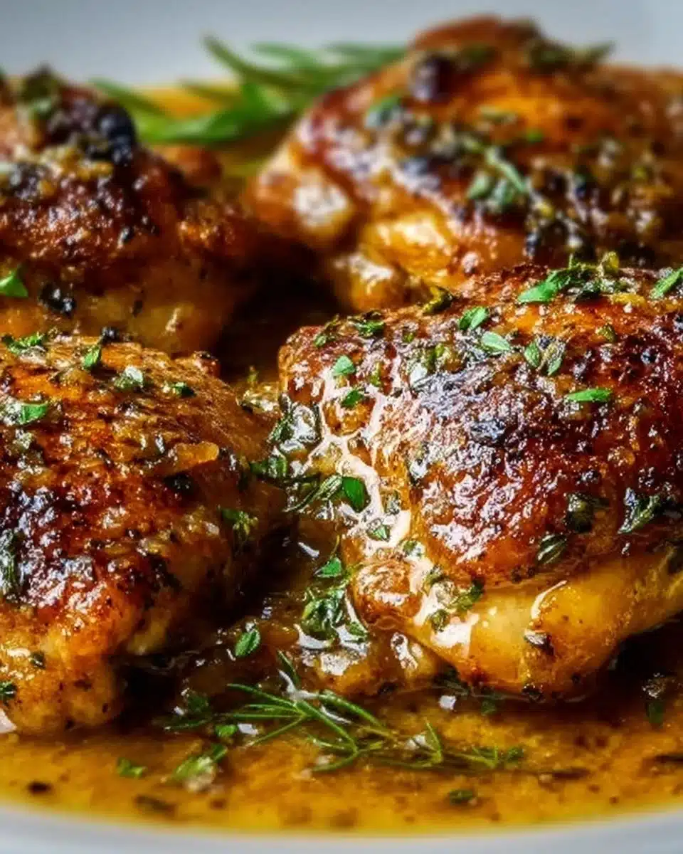 Creamy savory chicken thighs served on a plate with herbs