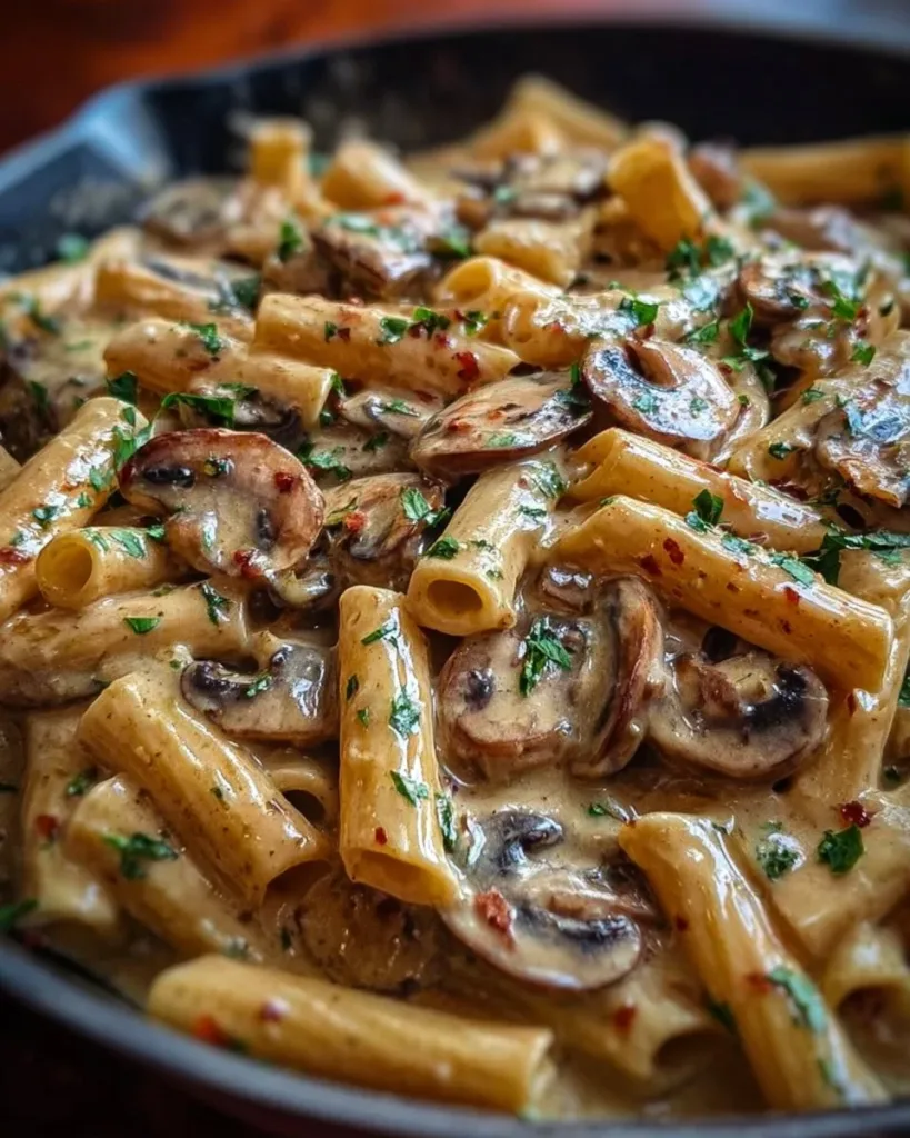 Creamy Tuscan mushroom pasta skillet with fresh herbs and cheese
