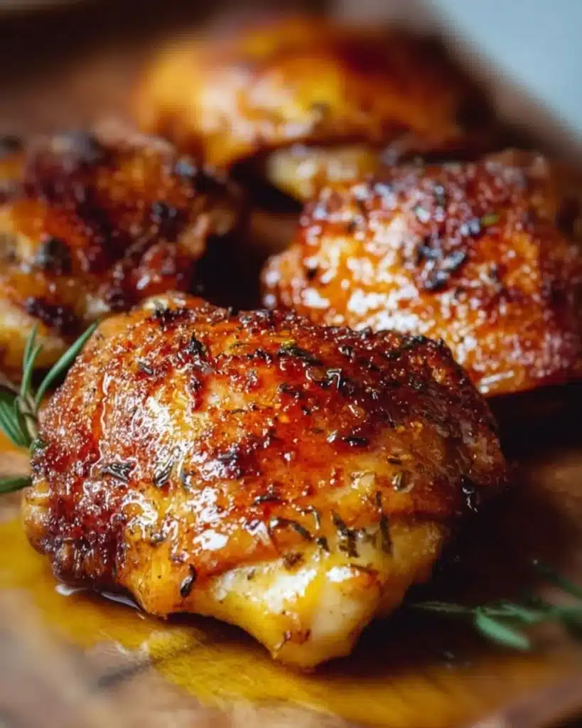 Crispy baked chicken thighs garnished with herbs and spices on a plate.