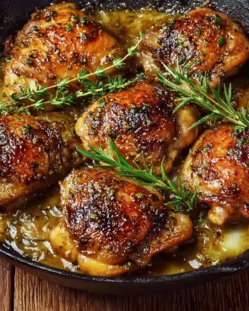 Crispy chicken thighs served with creamy thyme sauce on a plate