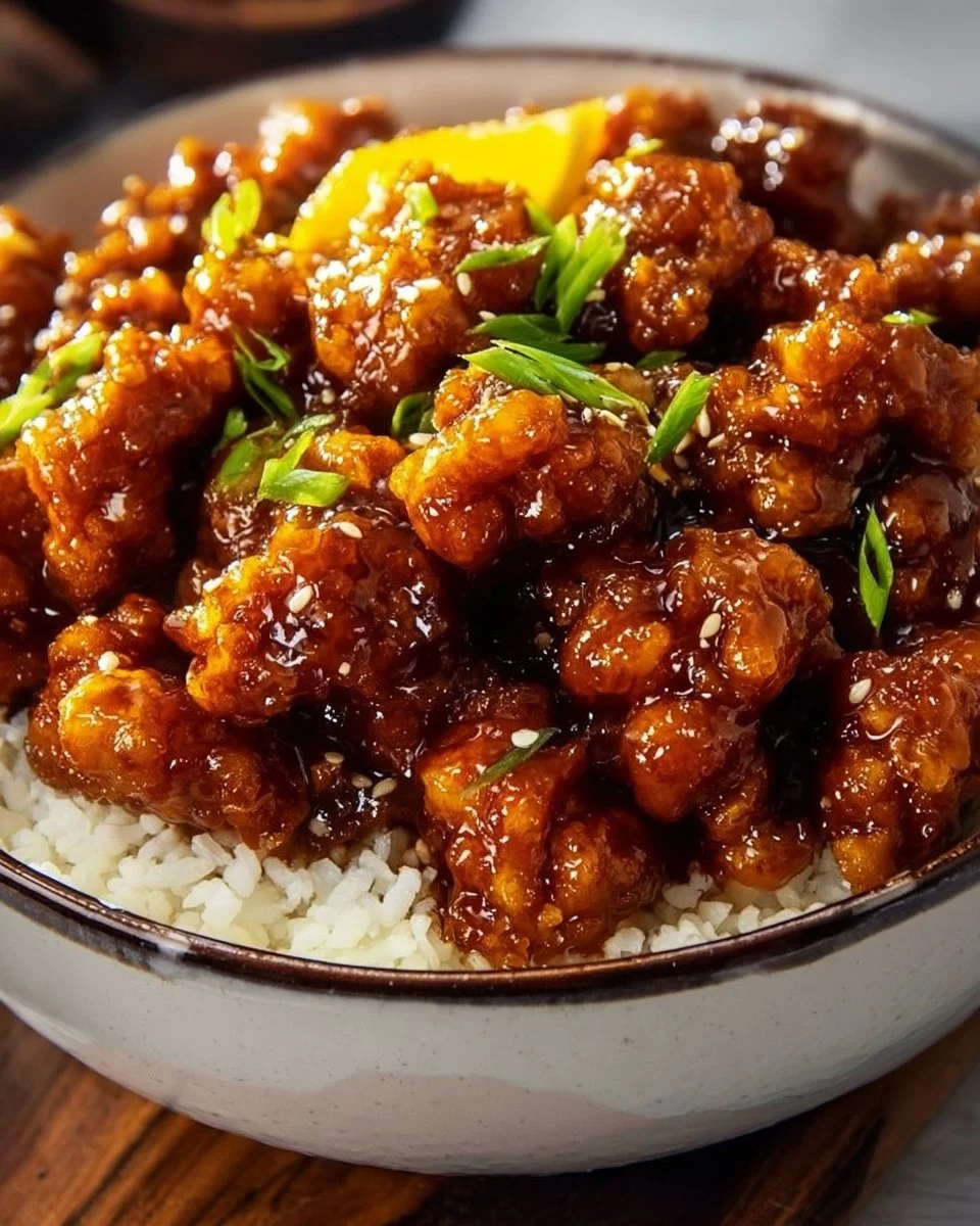 Delicious crispy orange chicken garnished with sesame seeds and green onions.