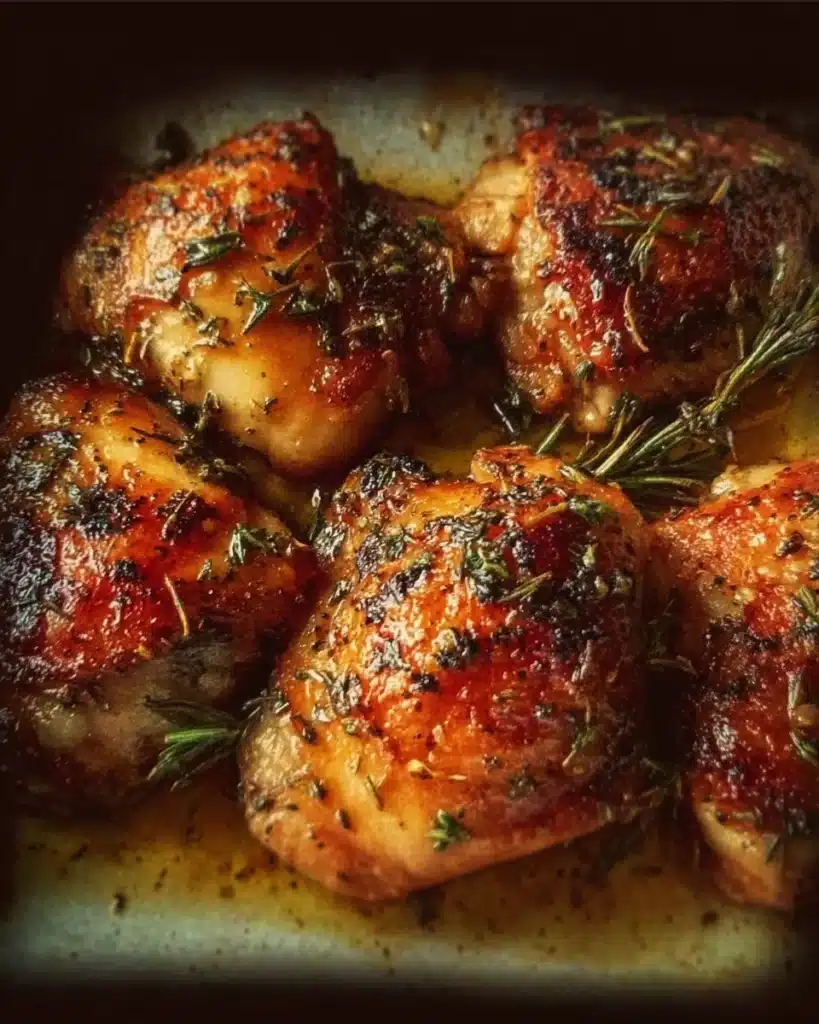 Crispy oven-baked chicken thighs on a plate garnished with herbs