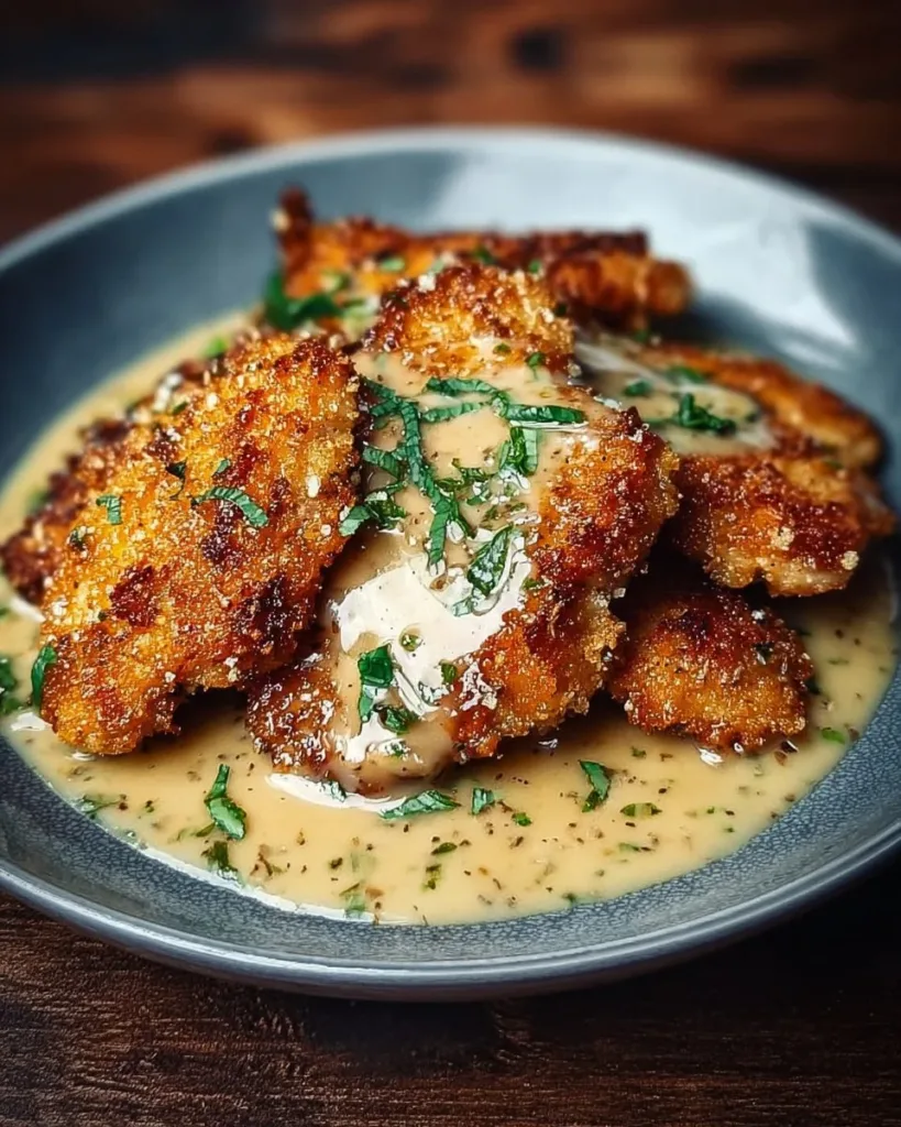 Crispy Parmesan Chicken served with flavorful garlic sauce on a plate