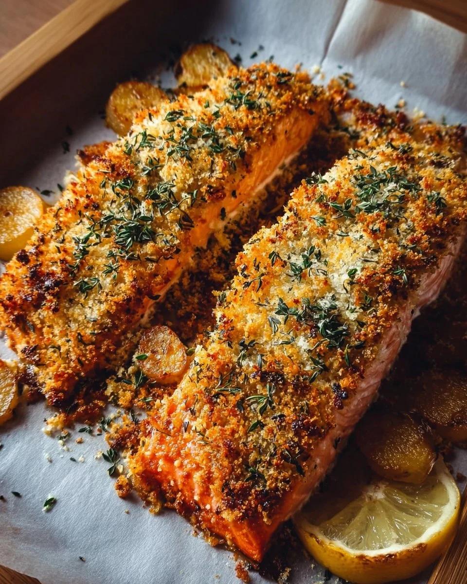 Crispy Parmesan Salmon Bake garnished with herbs on a plate