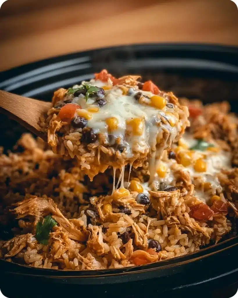 Crock Pot Chicken and Rice Burrito Bowl topped with fresh ingredients