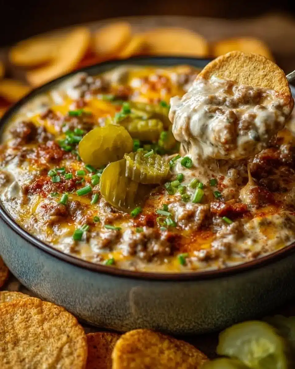 Delicious Crockpot Big Mac Dip served with chips