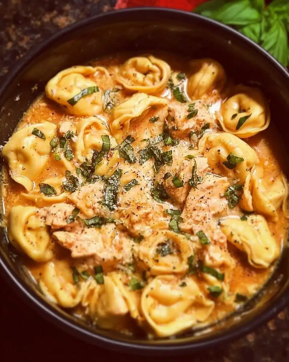 Bowl of delicious CrockPot Chicken Tortellini with fresh herbs on top.