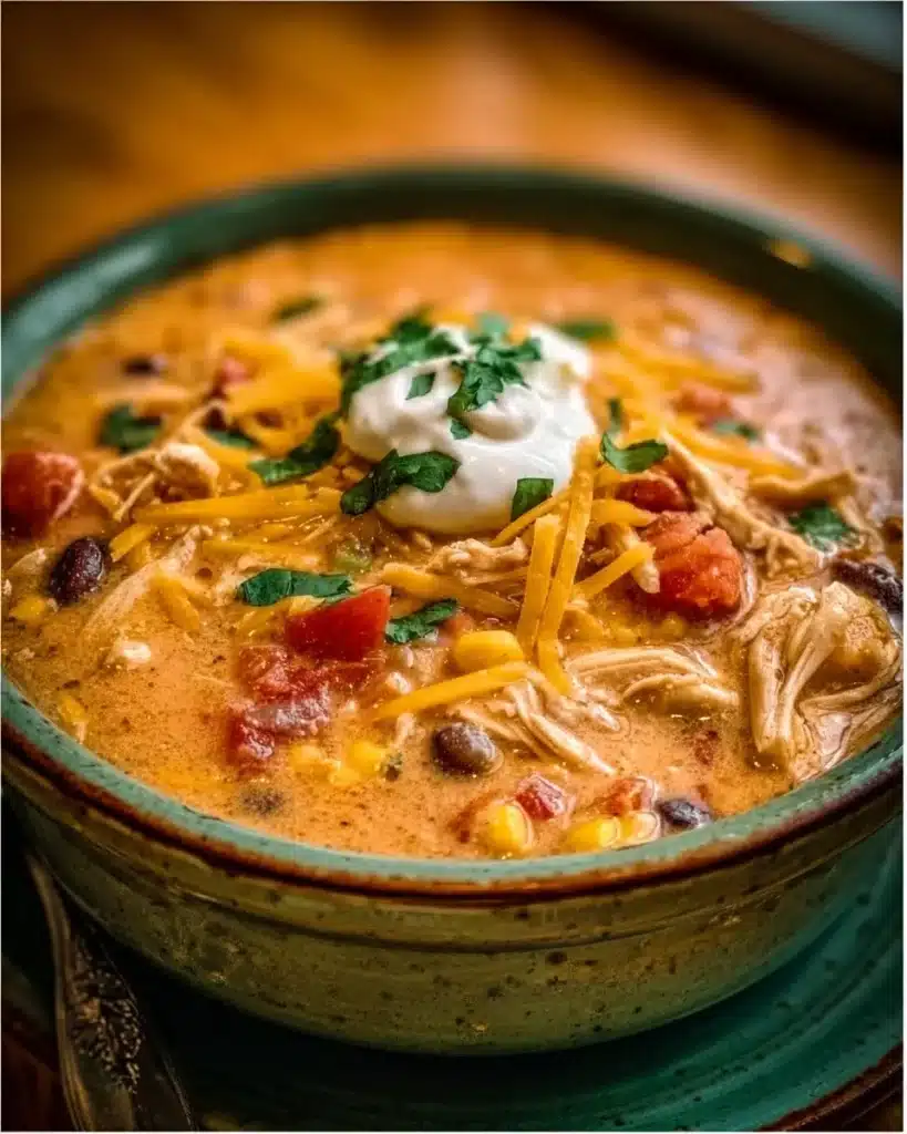Crockpot Cream Cheese Chicken Chili served in a bowl with toppings