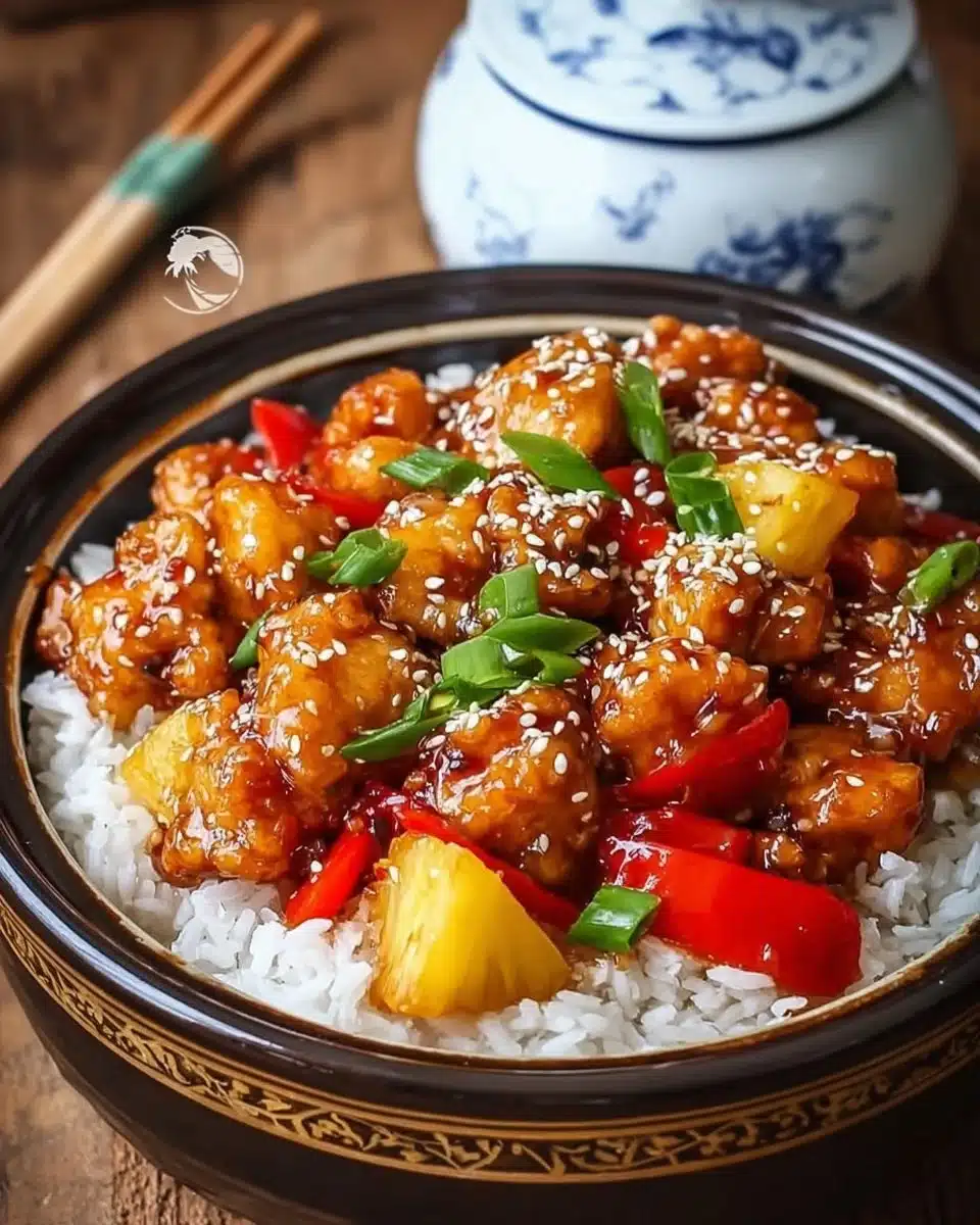 Delicious Crockpot Sweet and Sour Chicken served with rice and vegetables.