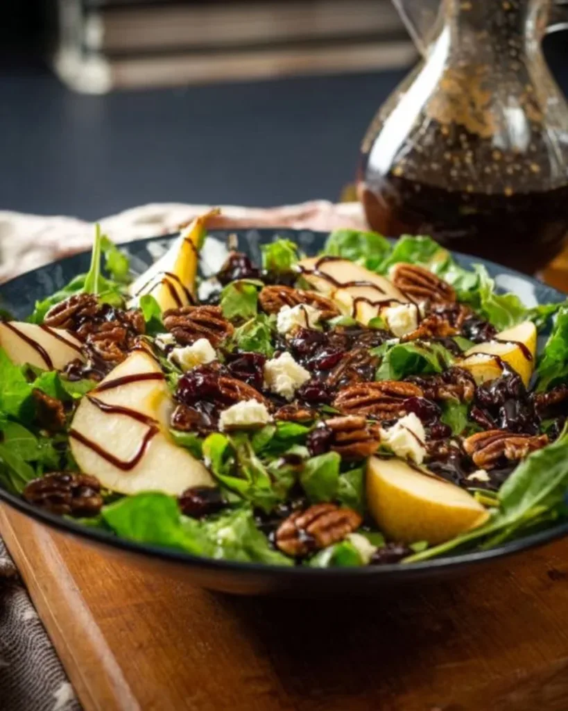 Crunchy pear salad with candied pecans served on a plate