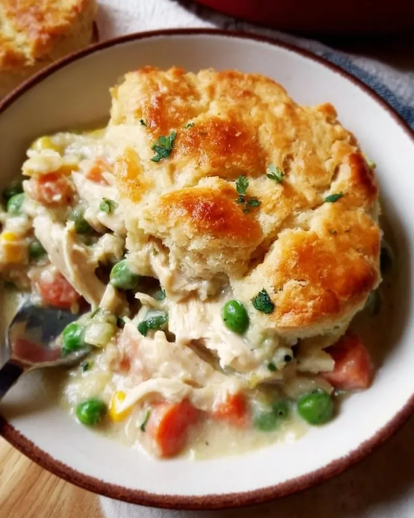 Delicious crustless chicken pot pie served in a bowl, ready to eat