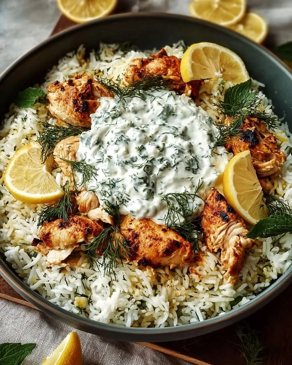 Delicious Dump and Bake Chicken Tzatziki Rice on a plate