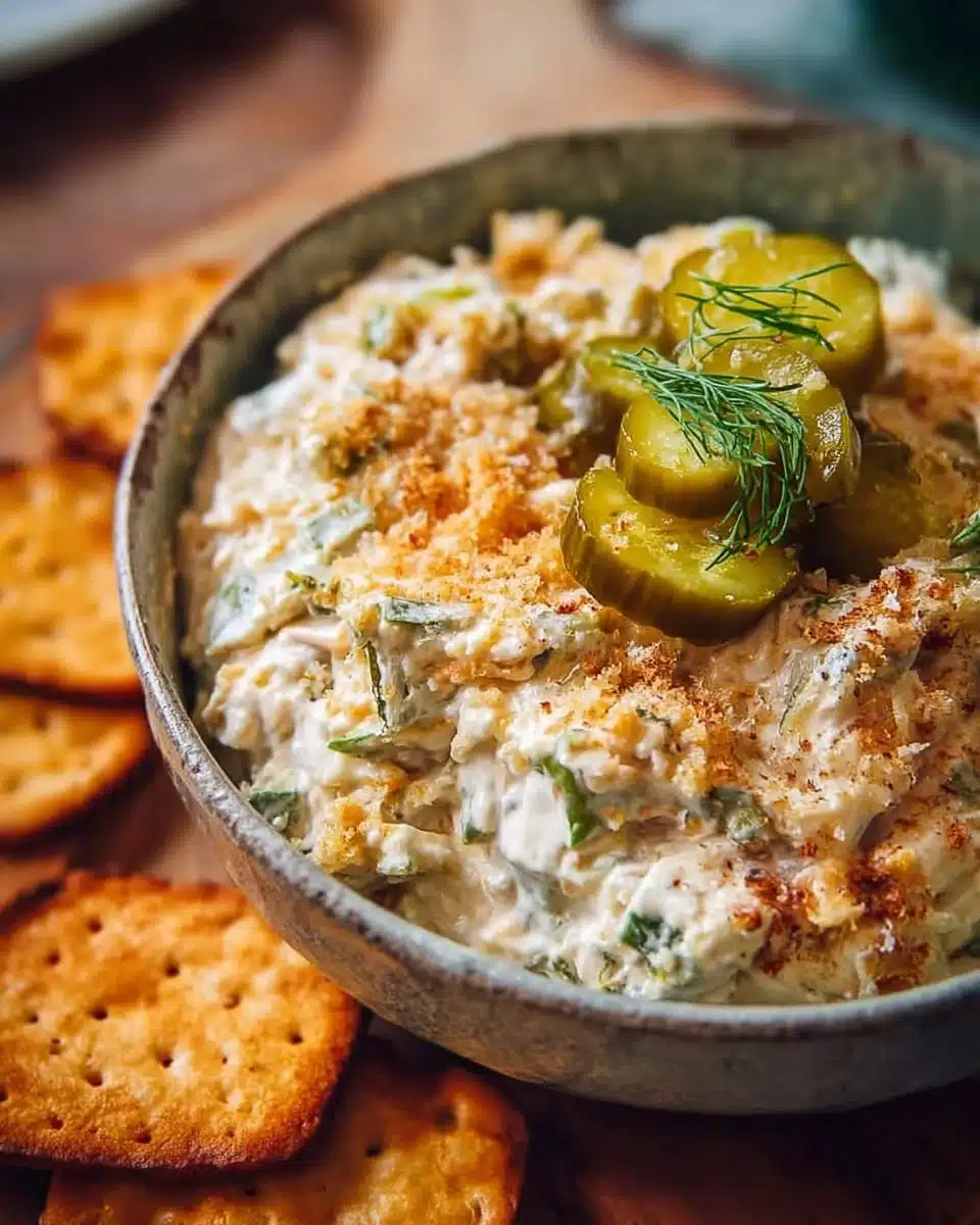 Bowl of easy Fried Pickle Dip with crispy pickles and seasoning