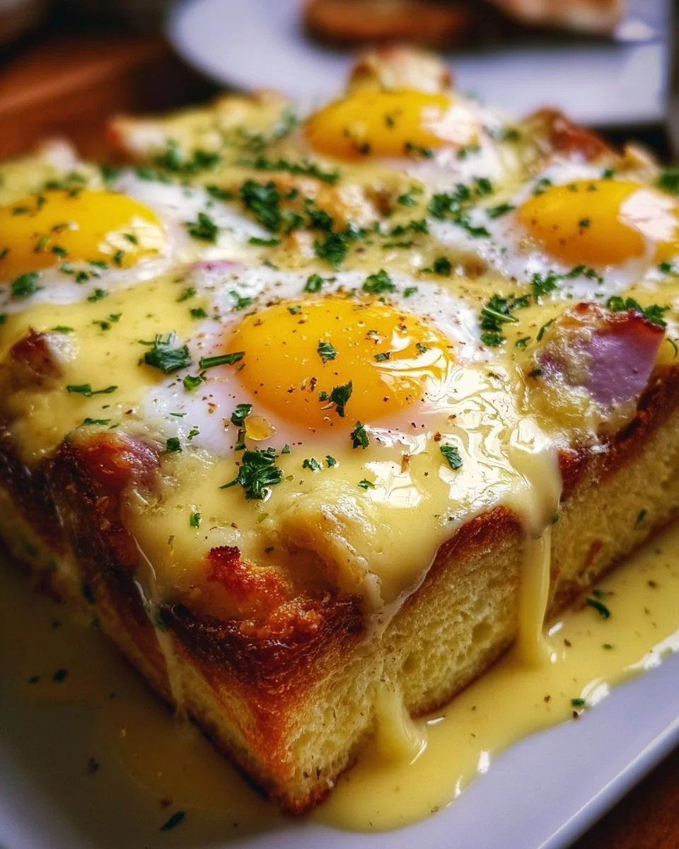 Eggs Benedict Casserole Bake topped with hollandaise sauce and herbs