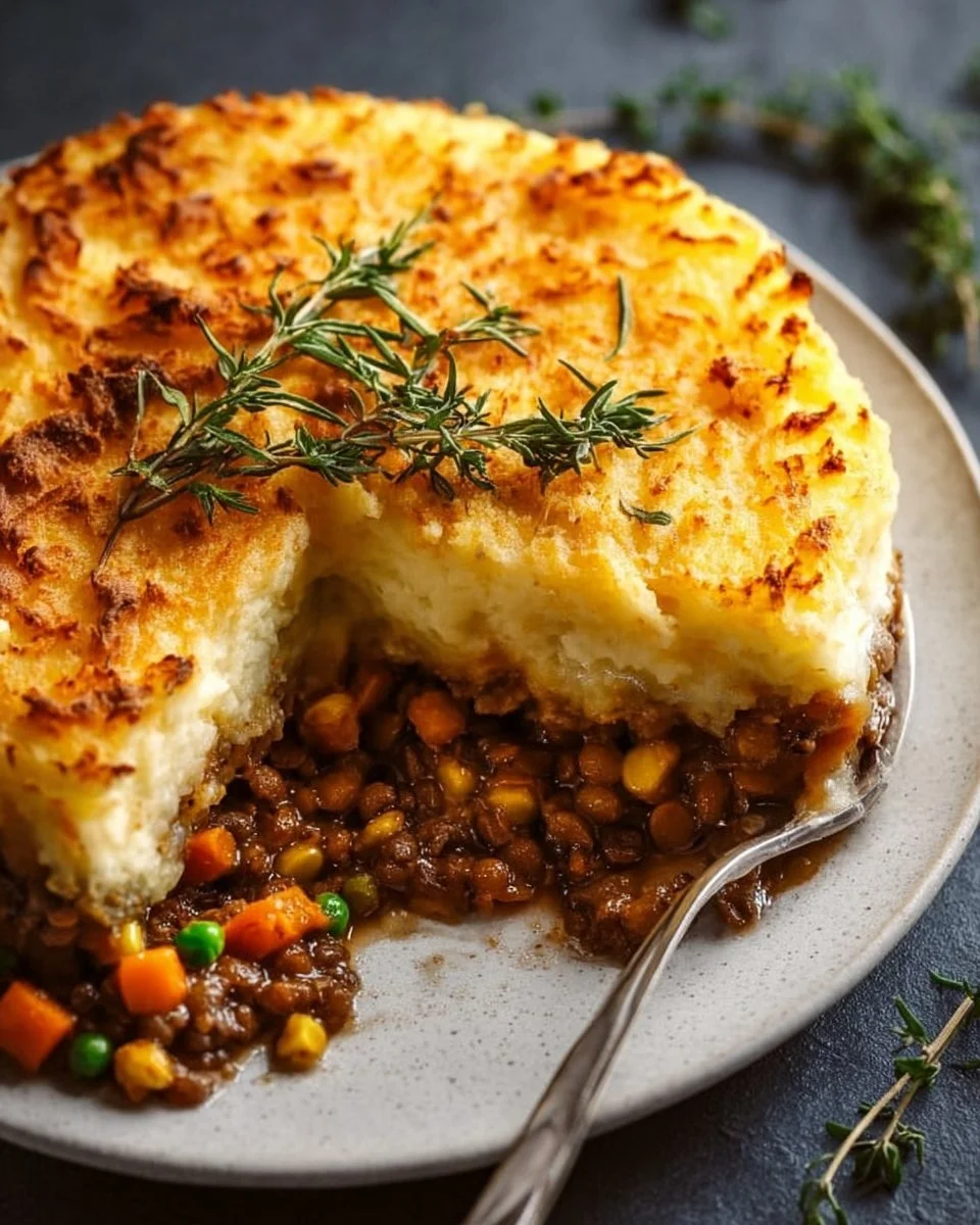 Delicious Fall Lentil Shepherd's Pie with fresh vegetables and mash topping.