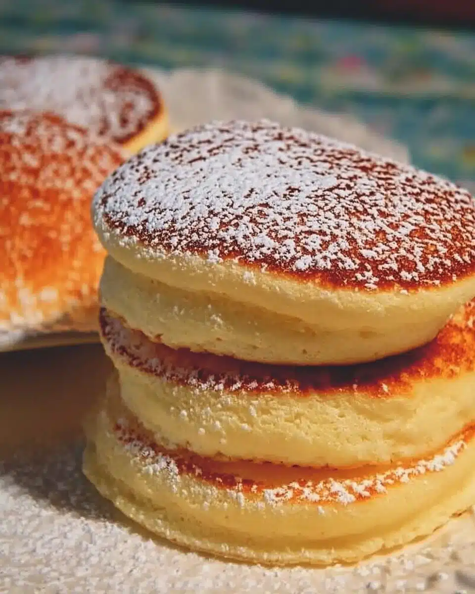 Fluffy Japanese soufflé pancakes served with syrup and berries