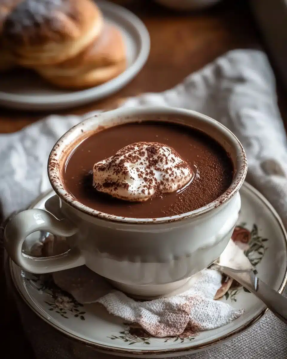 Delicious cup of French hot chocolate topped with whipped cream and chocolate shavings.