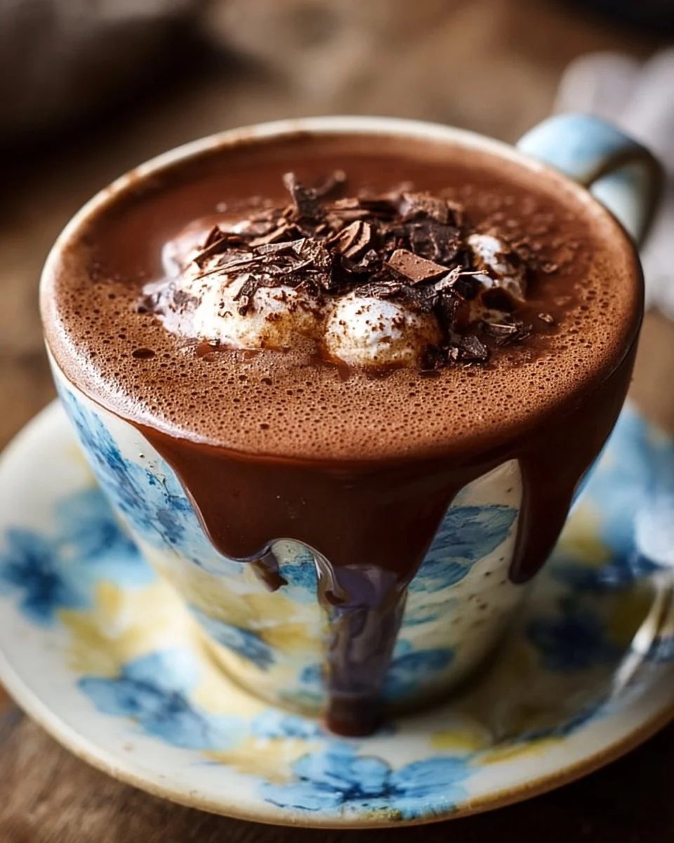 A luxurious cup of French hot chocolate topped with whipped cream and chocolate shavings.