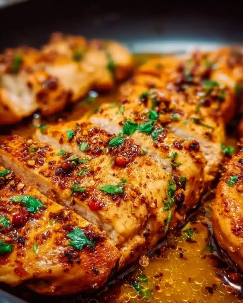 Plate of Garlic Butter Chicken garnished with herbs