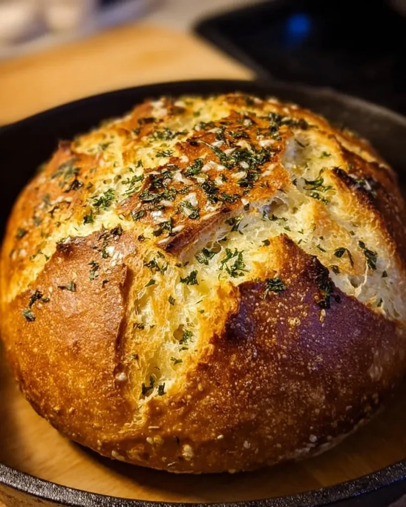 Freshly baked Garlic Herb Dutch Oven Bread, golden crust with aromatic herbs.