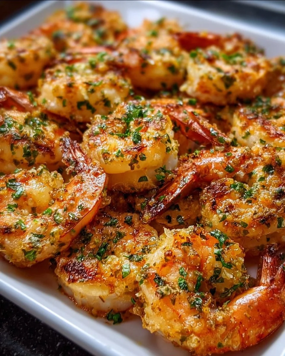 Delicious Garlic Parmesan Roasted Shrimp served with herbs and lemon slices