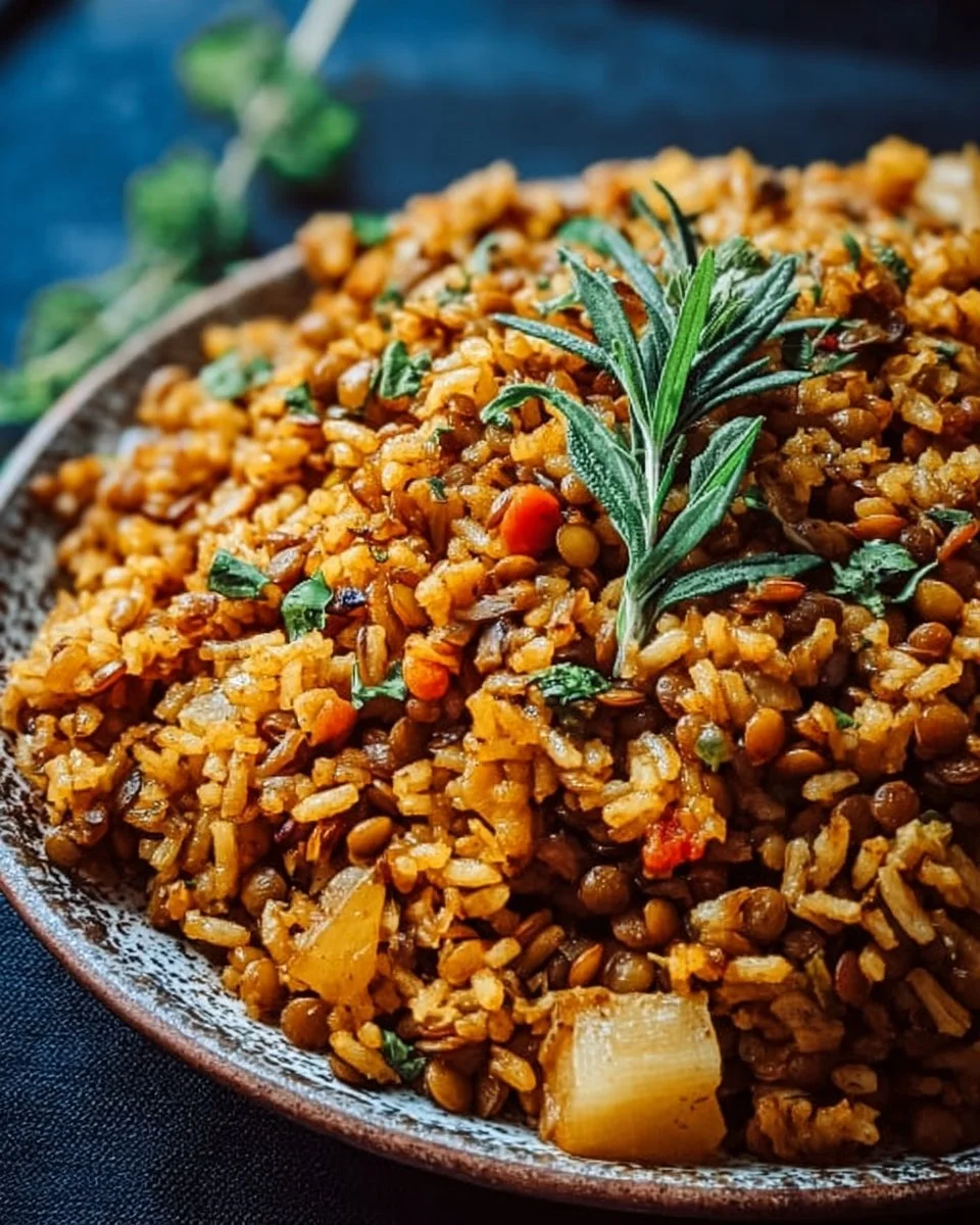 Delicious Garlicky Lentil Rice served in a bowl with fresh herbs