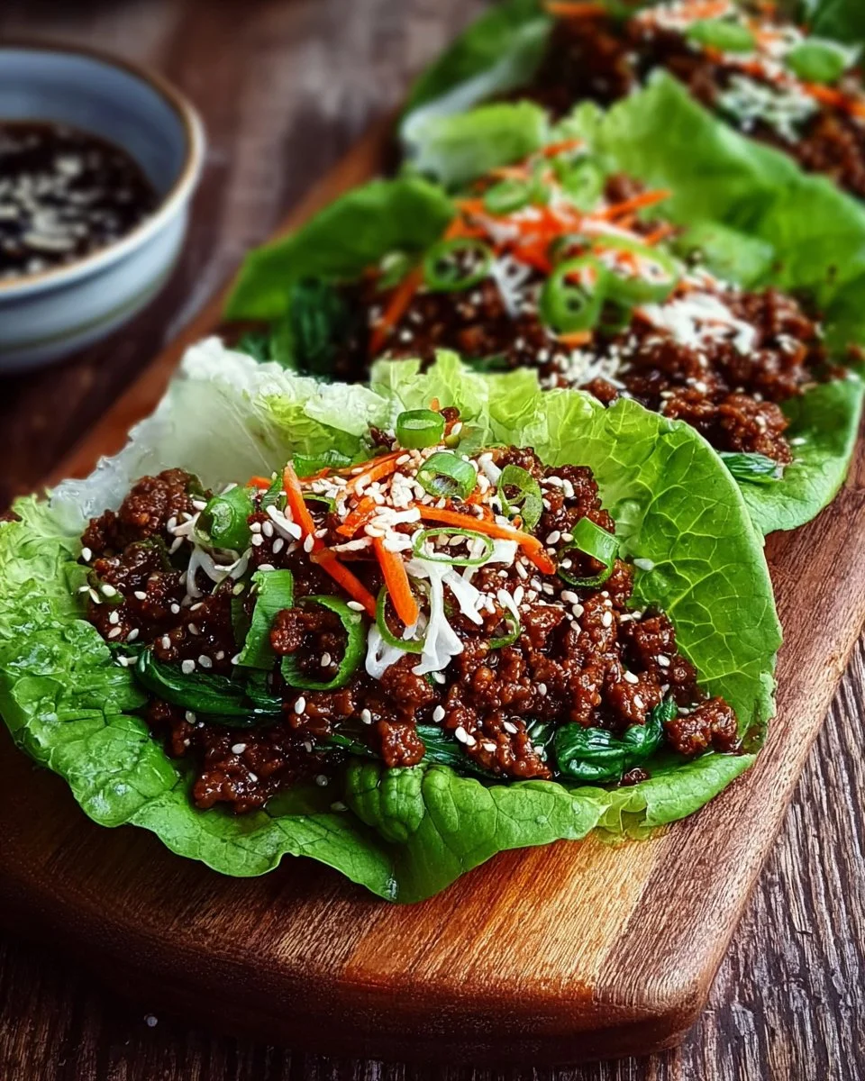 Ginger Sesame Beef Lettuce Wraps served on a plate with fresh ingredients