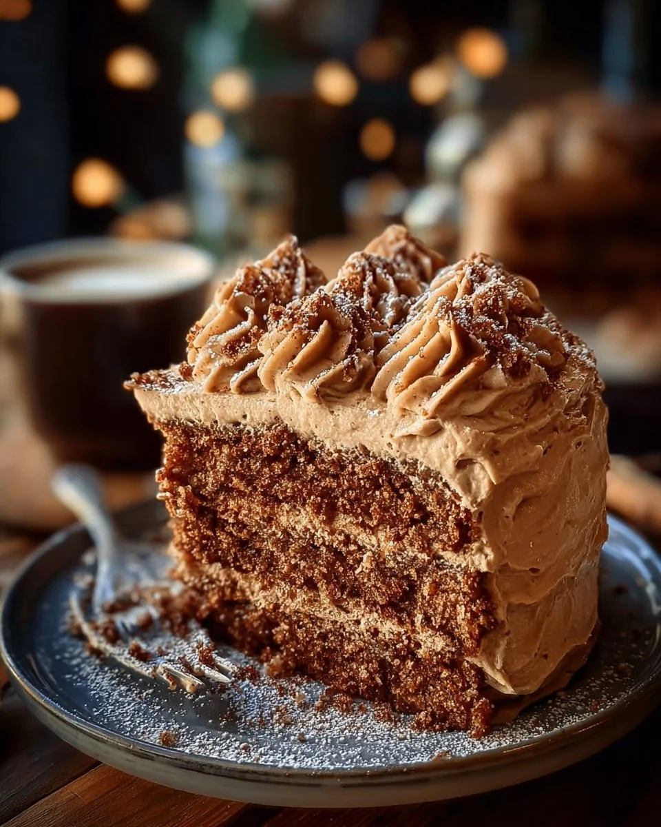 Gingerbread cake topped with cinnamon molasses frosting on a festive plate