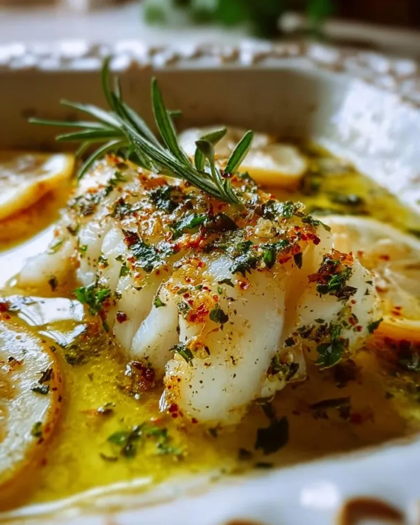 Gluten-Free Mediterranean Baked Cod with Lemon and Garlic served on a plate.